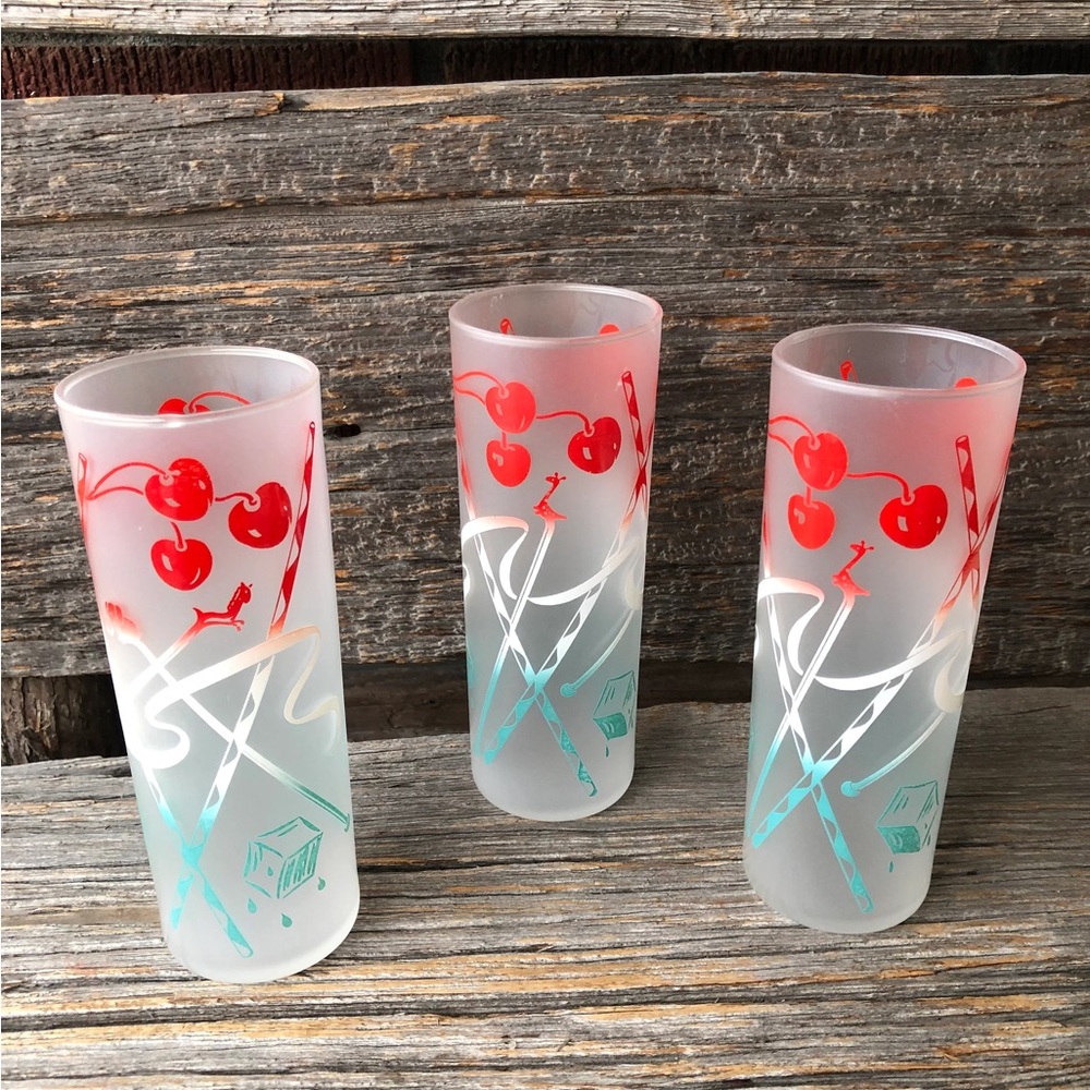Vintage 3 glasses Frosted Tom Collins cherries animals swizzle sticks MCM 1960s - Picture 2 of 11